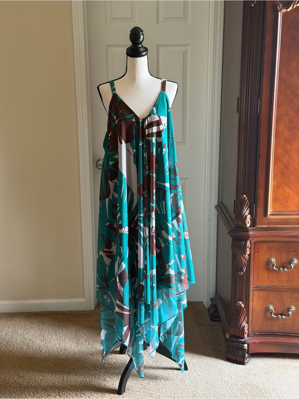 Flowy Teal Tropical Print Handkerchief Hem Dress - Picture 3 of 14